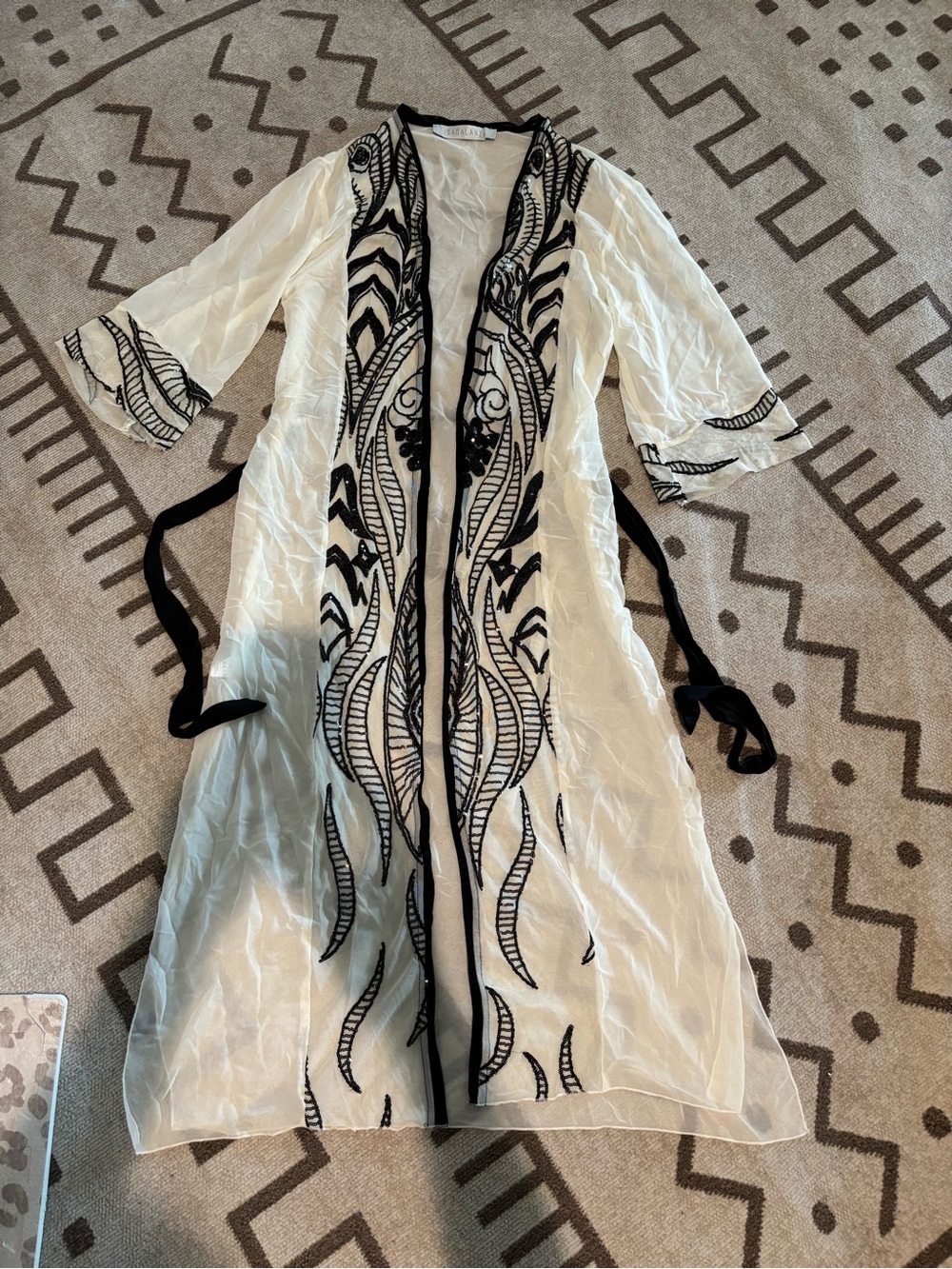 Sheer Embroidered Overlay Robe - White with Black Embroidery